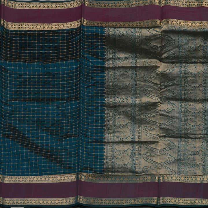 Hayagrivas Deep Peacock Blue Pure Kanchi Silk Cotton Saree with Wine Border KBE1390J4-2