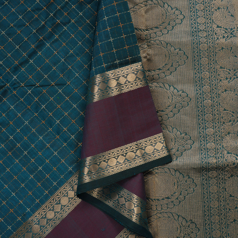 Hayagrivas Deep Peacock Blue Pure Kanchi Silk Cotton Saree with Wine Border KBE1390J4-2