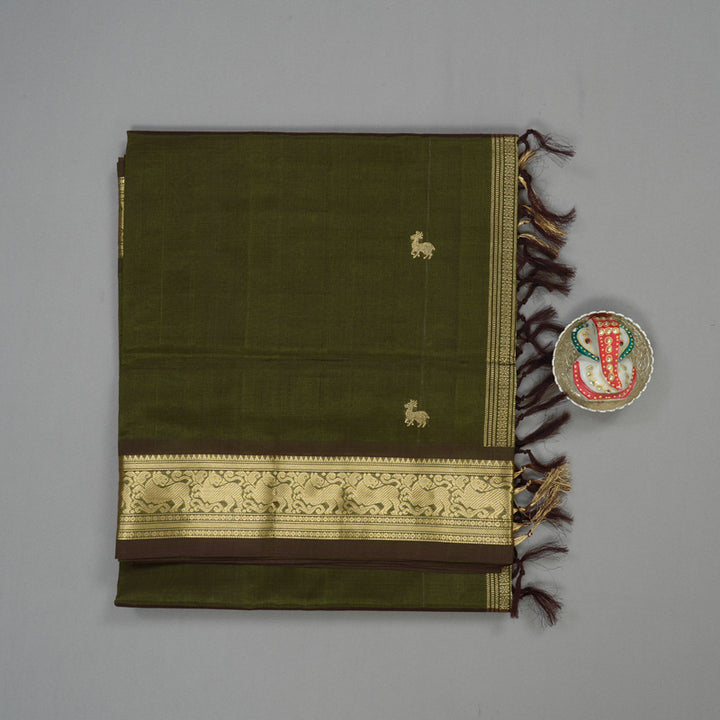 Hayagrivas Handloom Pure Silk Cotton Saree in Mehandi Green adorned with Deer motif KBE1390J5-5