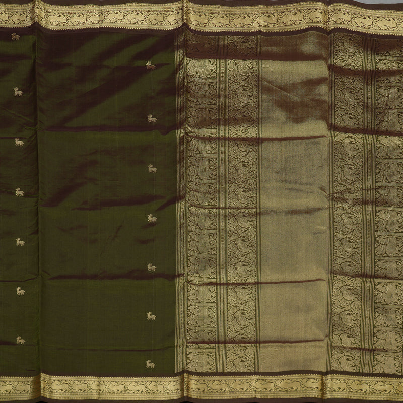 Hayagrivas Handloom Pure Silk Cotton Saree in Mehandi Green adorned with Deer motif KBE1390J5-5