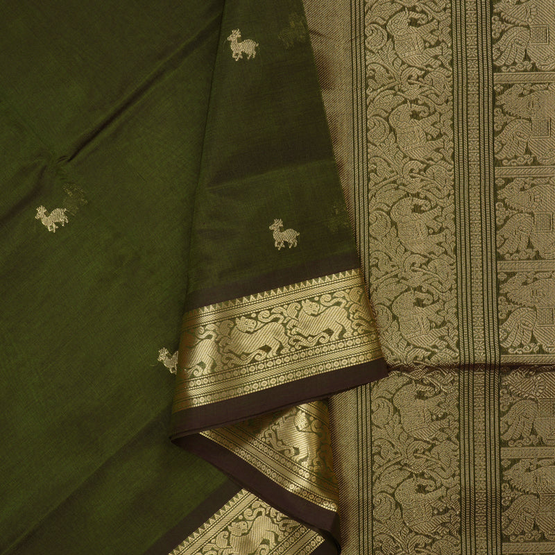Hayagrivas Handloom Pure Silk Cotton Saree in Mehandi Green adorned with Deer motif KBE1390J5-5