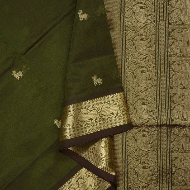 Hayagrivas Handloom Pure Silk Cotton Saree in Mehandi Green adorned with Deer motif KBE1390J5-5