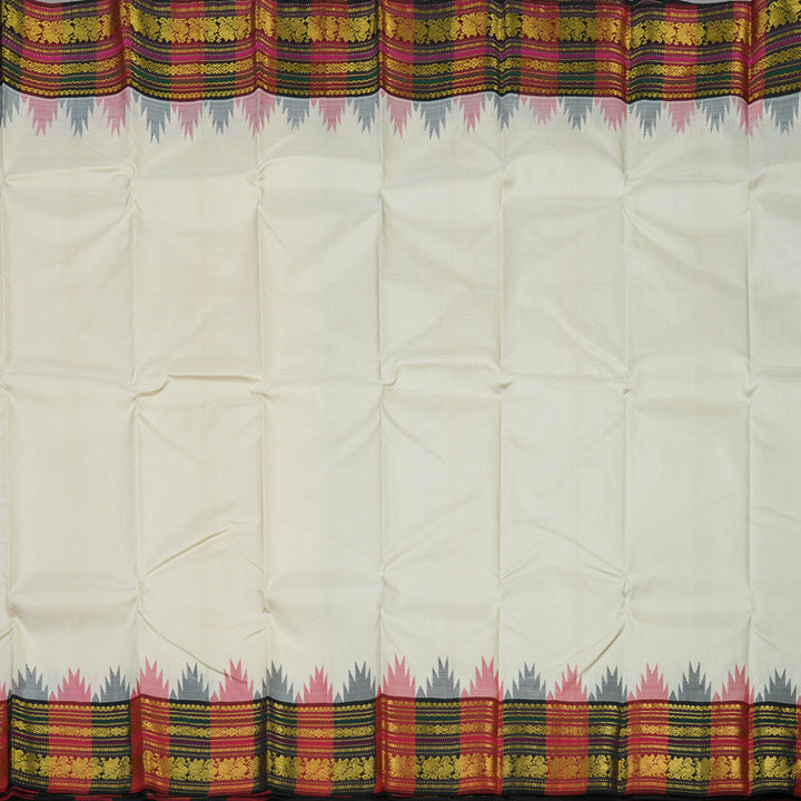 Hayagrivas Handloom Half White Kanjivaram Silk Saree with Multicolour Border KBE1398J1-1