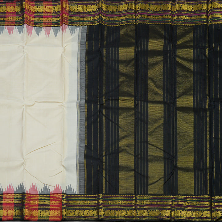 Hayagrivas Handloom Half White Kanjivaram Silk Saree with Multicolour Border KBE1398J1-1