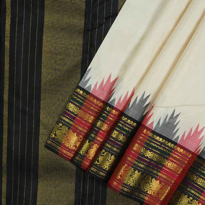 Hayagrivas Handloom Half White Kanjivaram Silk Saree with Multicolour Border KBE1398J1-1