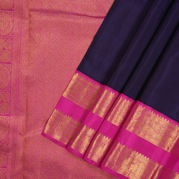 Hayagrivas Handloom Purplish Blue Kanjivaram Silk Saree with Rani Pink border KBE1408J1-1