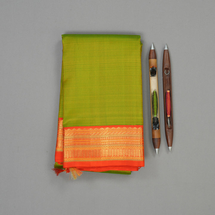 Hayagrivas Handloom Fluorescent Green Kanjivaram Silk Saree with Orange Border KBE1412J1-1