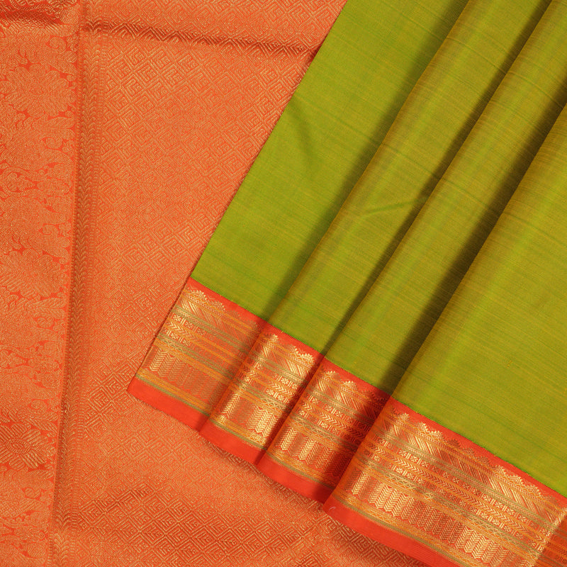 Hayagrivas Handloom Fluorescent Green Kanjivaram Silk Saree with Orange Border KBE1412J1-1