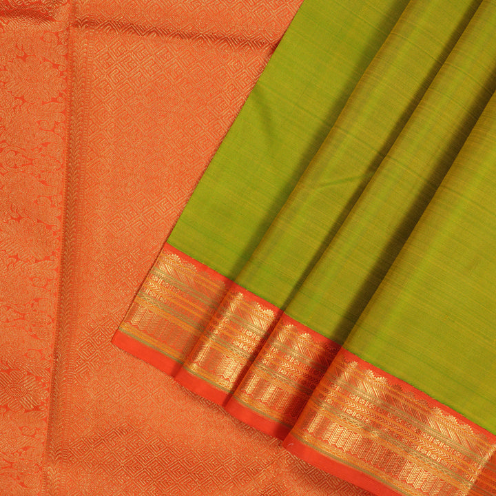 Hayagrivas Handloom Fluorescent Green Kanjivaram Silk Saree with Orange Border KBE1412J1-1