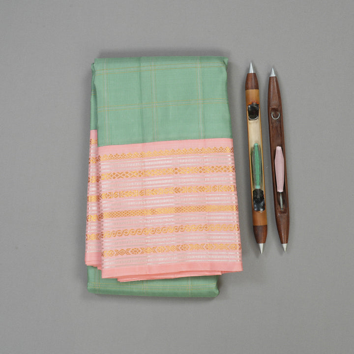 Hayagrivas Handloom Sage Green Kanjivaram Silk Saree with Baby Pink Border KBE1417J2-1