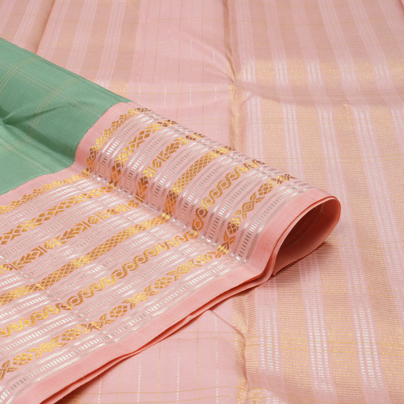 Hayagrivas Handloom Sage Green Kanjivaram Silk Saree with Baby Pink Border KBE1417J2-1