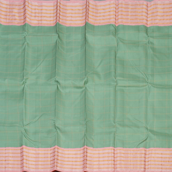 Hayagrivas Handloom Sage Green Kanjivaram Silk Saree with Baby Pink Border KBE1417J2-1