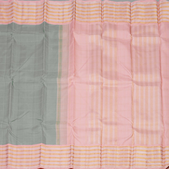 Hayagrivas Handloom Sage Green Kanjivaram Silk Saree with Baby Pink Border KBE1417J2-1