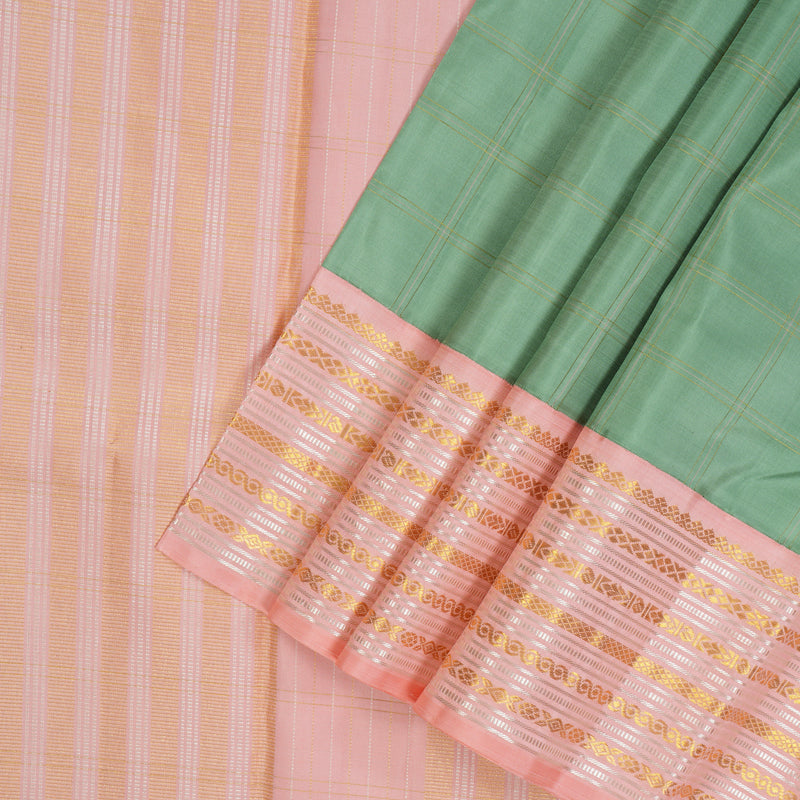 Hayagrivas Handloom Sage Green Kanjivaram Silk Saree with Baby Pink Border KBE1417J2-1