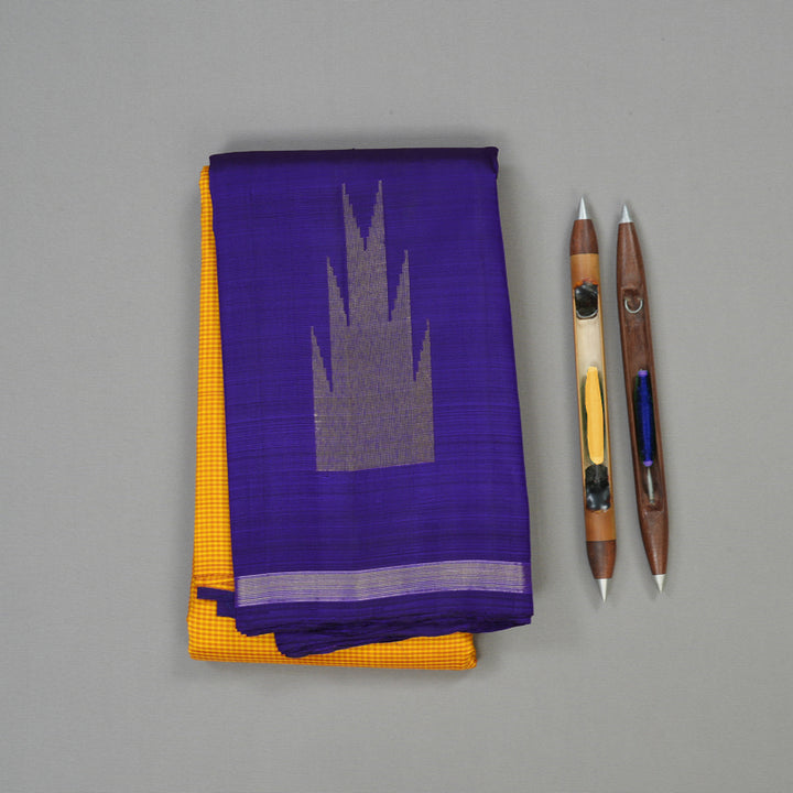 Hayagrivas Handloom Yellow Muted Checks Kanjivaram Silk Saree with Purplish-Blue Border KBE1419J1-1