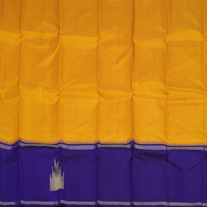 Hayagrivas Handloom Yellow Muted Checks Kanjivaram Silk Saree with Purplish-Blue Border KBE1419J1-1