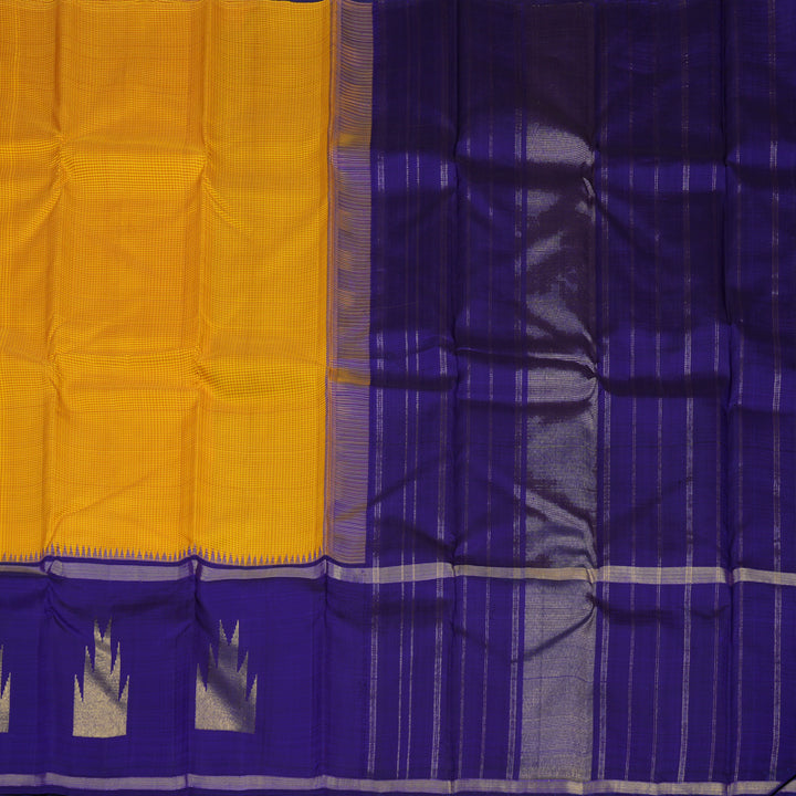 Hayagrivas Handloom Yellow Muted Checks Kanjivaram Silk Saree with Purplish-Blue Border KBE1419J1-1