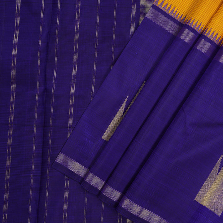 Hayagrivas Handloom Yellow Muted Checks Kanjivaram Silk Saree with Purplish-Blue Border KBE1419J1-1