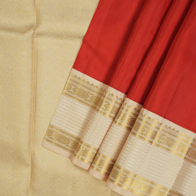 Hayagrivas Handloom Red Kanjivaram Silk Saree with Beige Border KBE1422J10-1