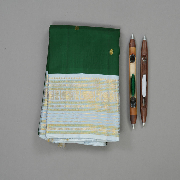 Hayagrivas Handloom Bottle Green Kanjivaram Silk Saree with Powder Blue Border KBE1424J5-1