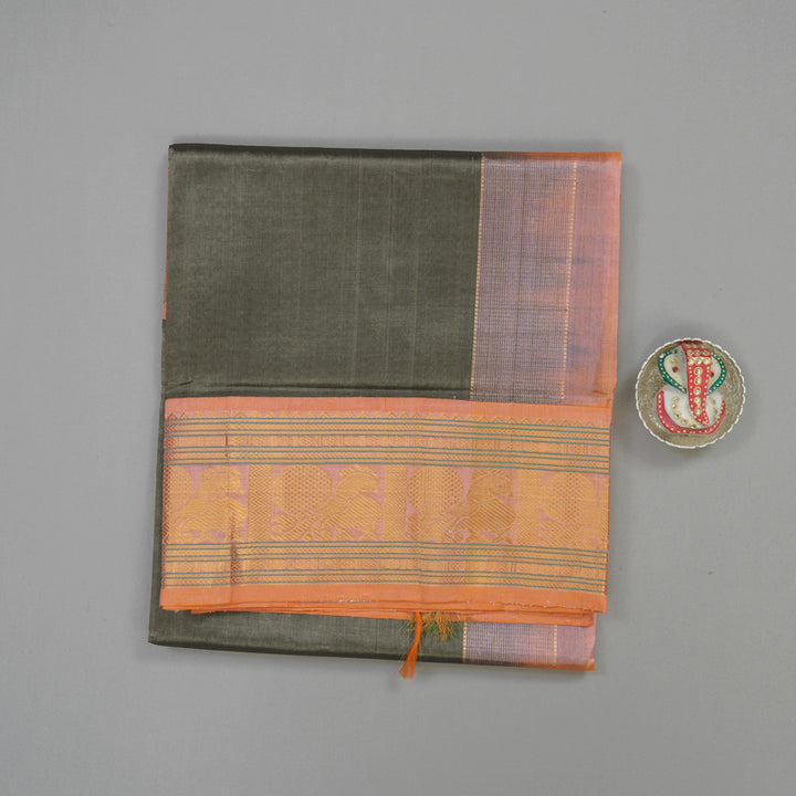 Hayagrivas Handloom Elephant Grey Pure Silk Cotton Saree with Peach Orange Border KBE1431J3-5