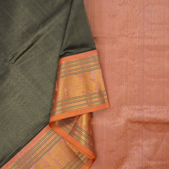 Hayagrivas Handloom Elephant Grey Pure Silk Cotton Saree with Peach Orange Border KBE1431J3-5