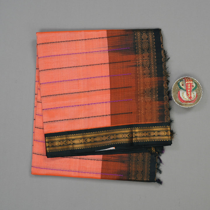 Hayagrivas Peach Orange Pure Silk Cotton Saree with Black border KBE1431J8-1