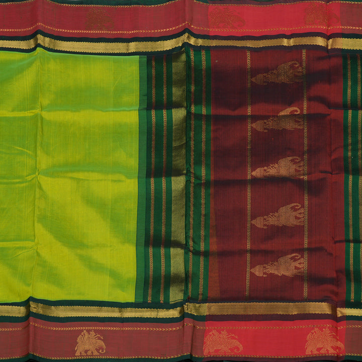 Hayagrivas Pure Silk Cotton Saree in Fluorescent Green with Maroon border KBE1433J3-3