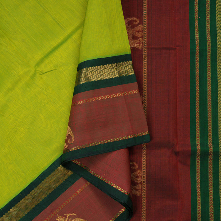 Hayagrivas Pure Silk Cotton Saree in Fluorescent Green with Maroon border KBE1433J3-3