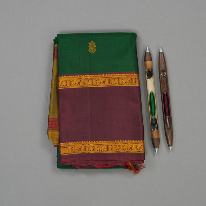 Hayagrivas Handloom Bottle Green Kanjivaram Silk Saree with Maroon border KBE1439J10-1