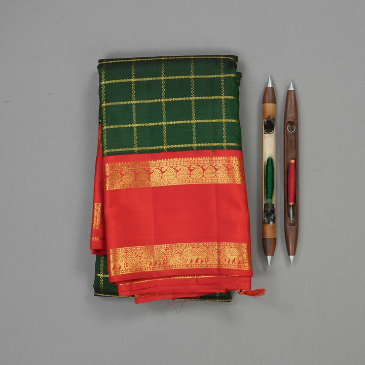Hayagrivas Handloom Bottle Green Kanjivaram Silk Saree with Red Border KBE1439J11-1