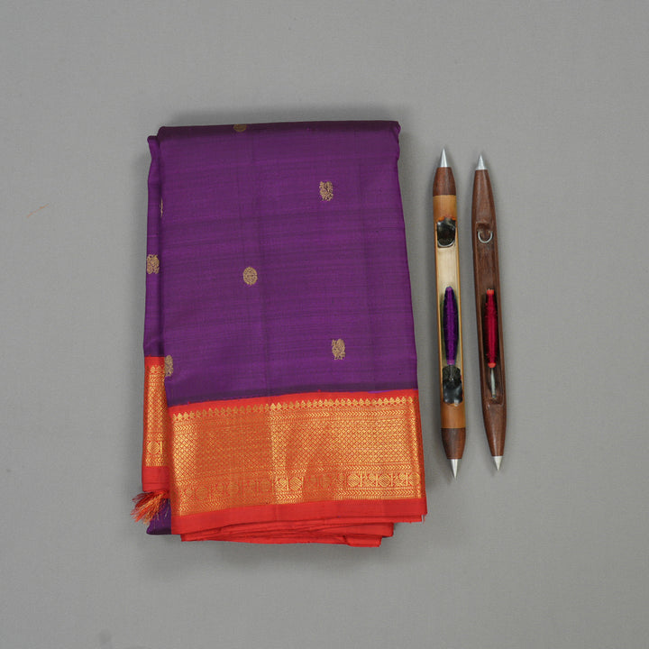 Hayagrivas Handloom Deep Purple Kanjivaram Silk Saree with Orangish-Red Border KBE1439J3-1