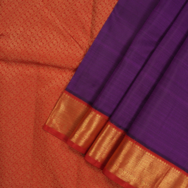 Hayagrivas Handloom Deep Purple Kanjivaram Silk Saree with Orangish-Red Border KBE1439J3-1