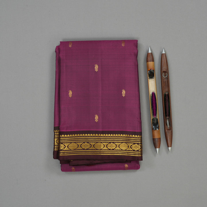 Hayagrivas Handloom Wine Purple Kanjivaram Silk Saree with Deep Brown KBE1439J8-1