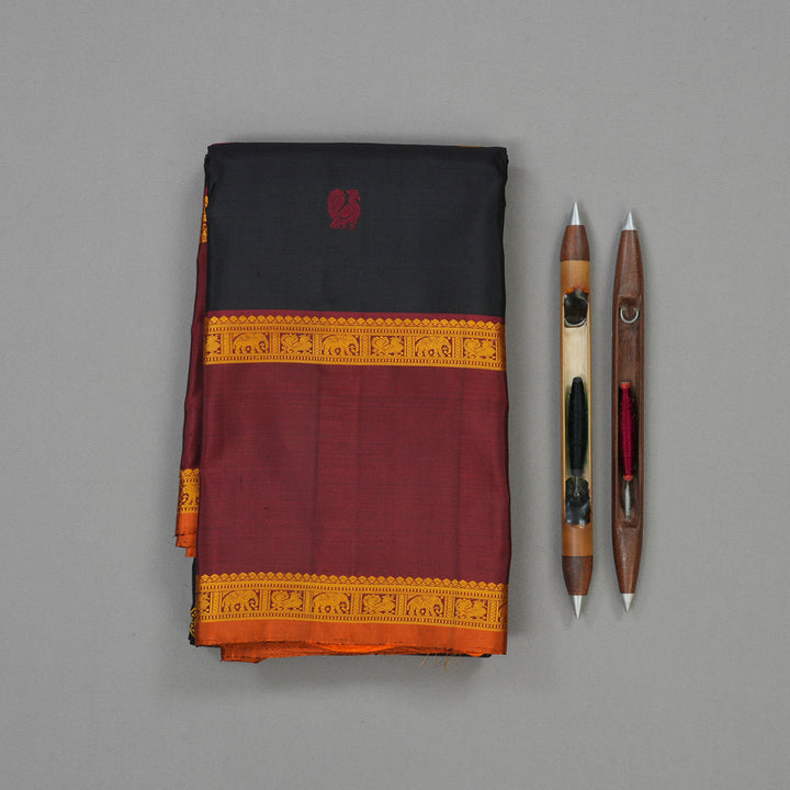 Hayagrivas Handloom Black Kanjivaram Silk Saree with Deep Maroon border KBE1439J9-1