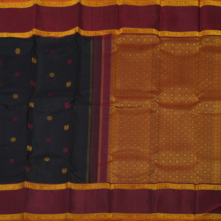 Hayagrivas Handloom Black Kanjivaram Silk Saree with Deep Maroon border KBE1439J9-1