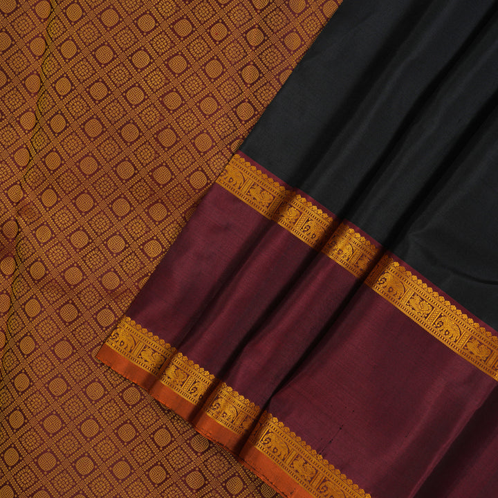 Hayagrivas Handloom Black Kanjivaram Silk Saree with Deep Maroon border KBE1439J9-1