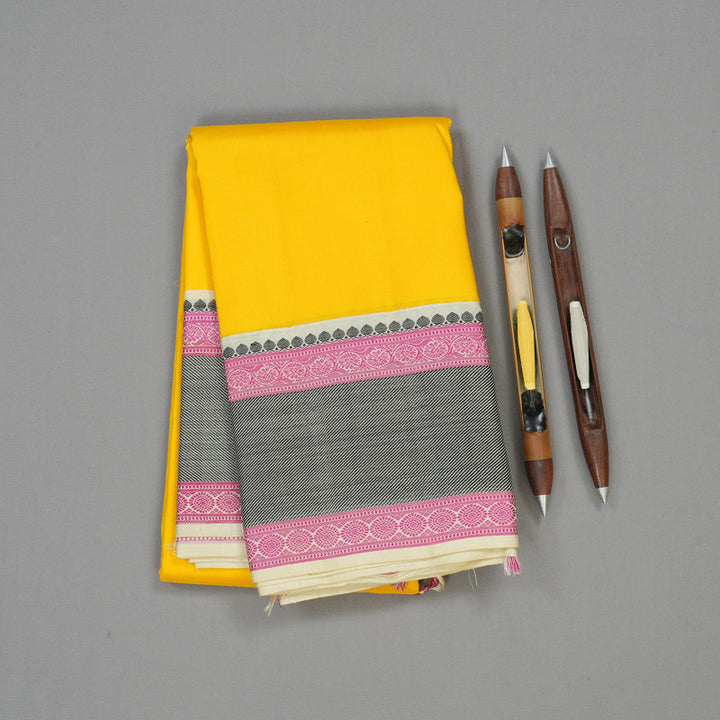 Hayagrivas Handloom Lemon Yellow Kanjivaram Silk Saree with Cream Border KBE1440J8-1