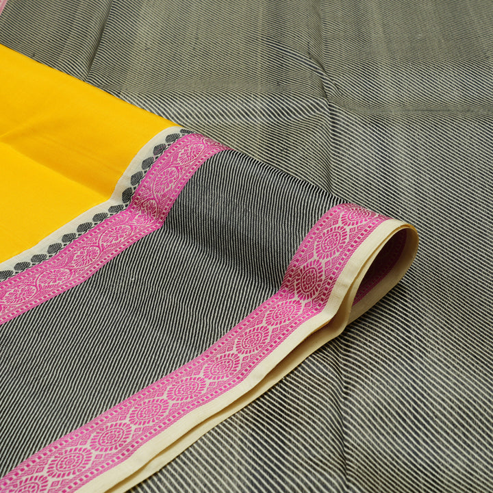 Hayagrivas Handloom Lemon Yellow Kanjivaram Silk Saree with Cream Border KBE1440J8-1