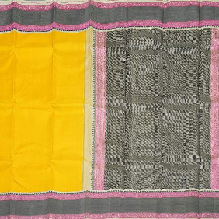 Hayagrivas Handloom Lemon Yellow Kanjivaram Silk Saree with Cream Border KBE1440J8-1