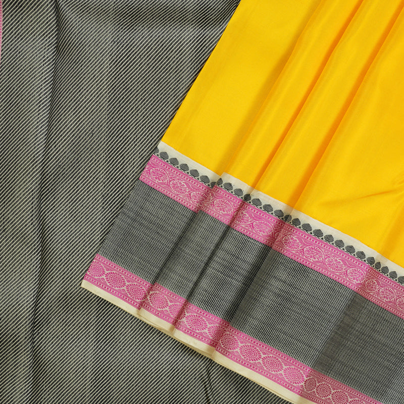Hayagrivas Handloom Lemon Yellow Kanjivaram Silk Saree with Cream Border KBE1440J8-1