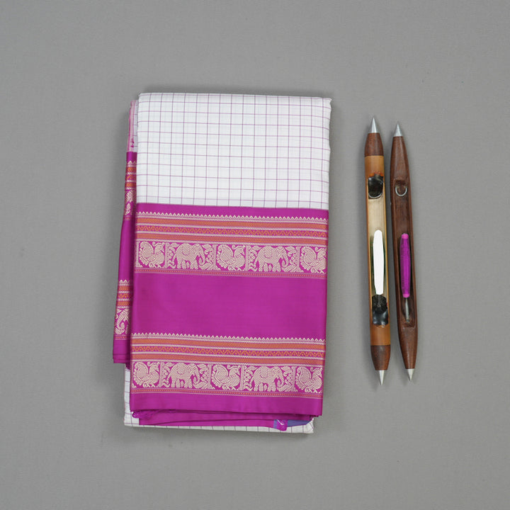 Hayagrivas Handloom Milk White Kanjivaram Silk Saree with Purple Border KBE1443J1-3