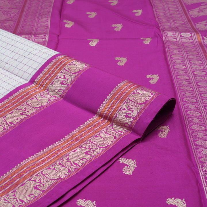 Hayagrivas Handloom Milk White Kanjivaram Silk Saree with Purple Border KBE1443J1-3