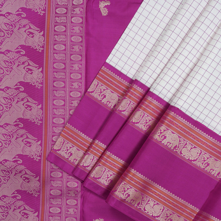Hayagrivas Handloom Milk White Kanjivaram Silk Saree with Purple Border KBE1443J1-3