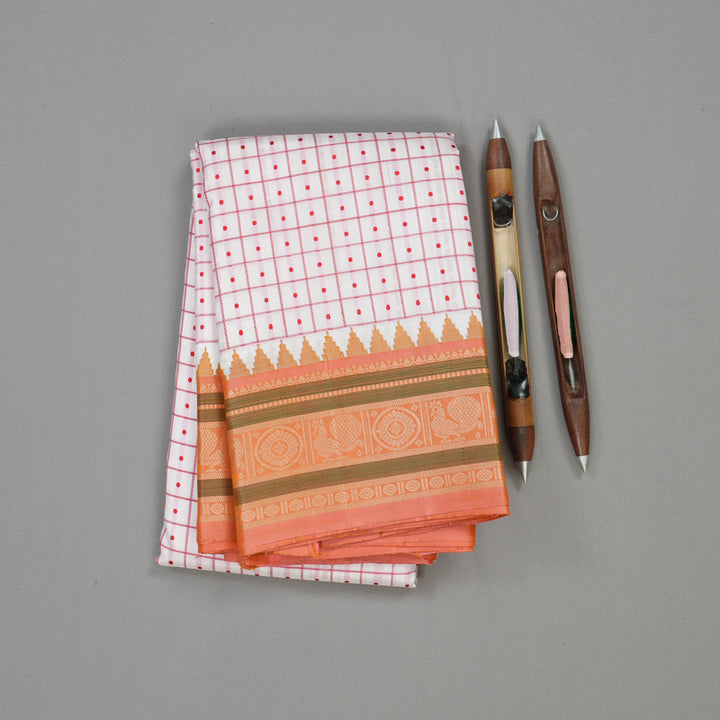 Hayagrivas Handloom White Kanjivaram Silk Saree with Peach Border KBE1443J3-1