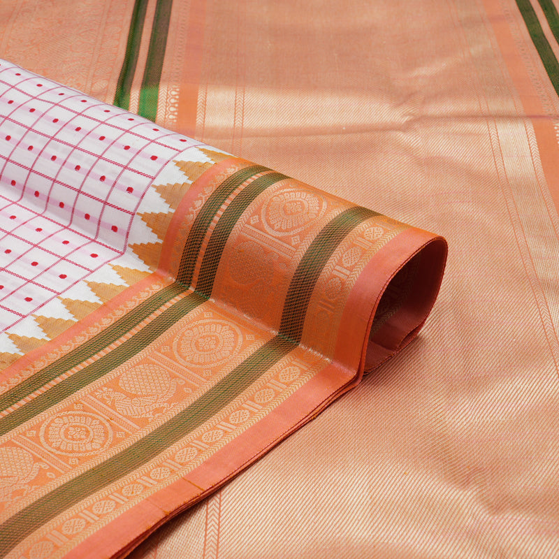 Hayagrivas Handloom White Kanjivaram Silk Saree with Peach Border KBE1443J3-1