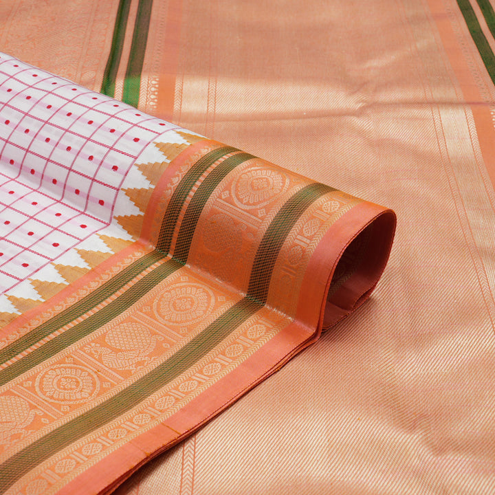 Hayagrivas Handloom White Kanjivaram Silk Saree with Peach Border KBE1443J3-1