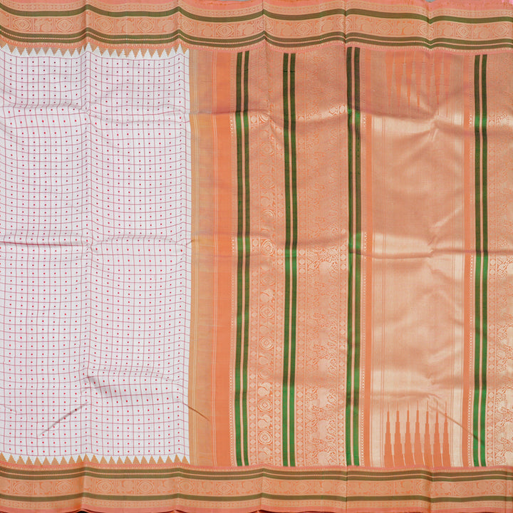 Hayagrivas Handloom White Kanjivaram Silk Saree with Peach Border KBE1443J3-1