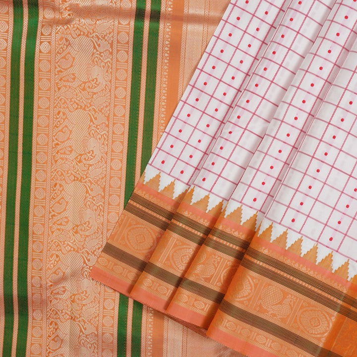 Hayagrivas Handloom White Kanjivaram Silk Saree with Peach Border KBE1443J3-1