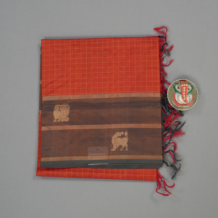 Hayagrivas Orangish Red Pure Kanchi Silk Cotton Saree KBE1444J1-2